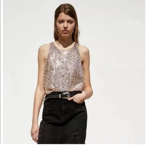 Zara Damen TOP Neutral LARGE Rosa Beige Pailletten Ärmellos Tank Glam Party - Bild 1 von 13