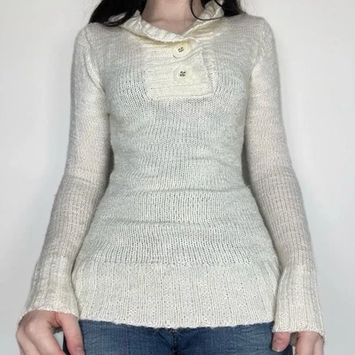 Y2K 2000s Cream Fitted Henley Sweater Knit Long Sleeve Top Coquette Size Small - Image 1 of 4