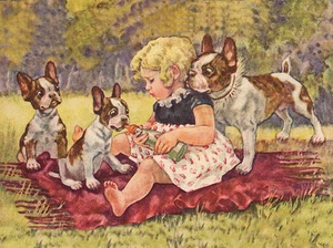 FRENCH BULLDOG CHARMING DOG GREETINGS NOTE CARD LITTLE GIRL BOTTLE FEEDS PUPPIES - Picture 1 of 1