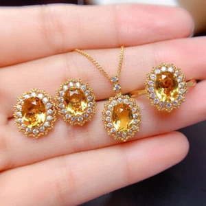 New 3pcs Set Honey Brazil Citrine Gems Yellow Gold Women Pendant Earring Ring - Picture 1 of 7