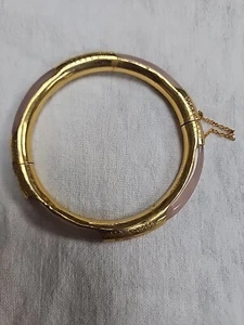 Vintage Heavy Gold Plated Pink Rose Quartz Bangle Bracelet Hinge Cuff - Picture 1 of 5