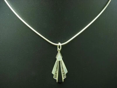 925 Esterlina Plata Cadena & Colgante con Onix,Nácar & Marcasita Guarnición / - Imagen 1 de 3