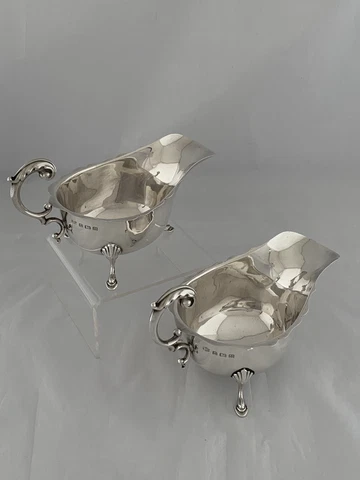 Sterling Silver SAUCEBOATS Pair 1936 Birmingham GRAVY BOATS Antique ART DECO Cover