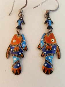 Azul Naranja Blanco Plata de Ley Esmalte Peces Pendientes Gancho Vintage - Imagen 1 de 13