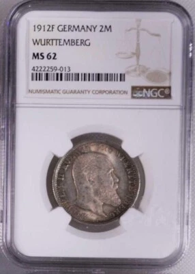 GERMANY WURTTEMBERG WILHELM II 1912-F  2 MARK SILVER COIN, NGC CERTIFIED MS62 - Image 1 of 4