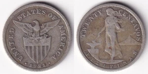 1921 US Administration Philippines 20 CENTAVOS Silver Coin - Stock #D68 - Picture 1 of 4