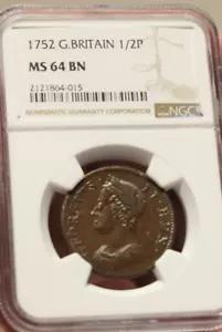 1752 Great Britain 1/2 Penny NGC MS64 BN - Picture 1 of 4