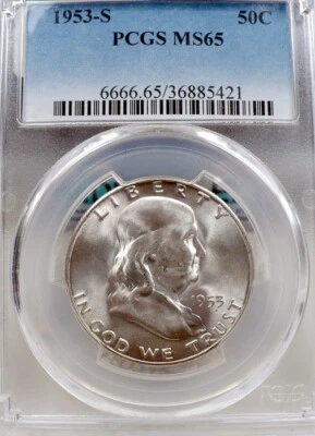 1953-S 50c FRANKLIN HALF DOLLAR, PCGS MS 65, 98% FBL-RARE, SHARP X C591 - Image 1 of 2