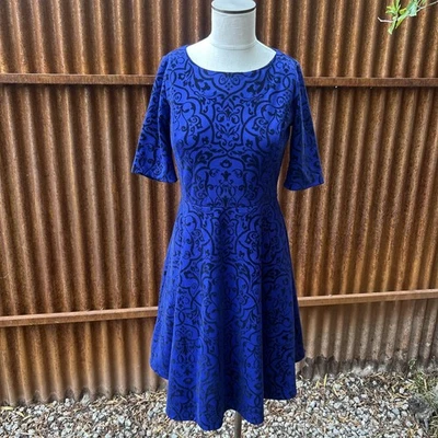 Land’s End Velvet Burnout Fit & Flare 连衣裙小号复古 50 年代风格巴洛克蓝色 — 第 1/4 张图片