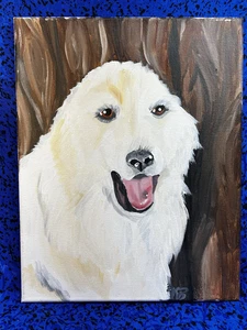Original 11"x14" Acryl Gemälde auf Leinwand von weißem Hund, signiert KB - Bild 1 von 7