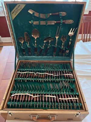 Set completo 144 pezzi di posate in ottone e palissandro, Svc per 12, inc set host e scatola - Immagine 1 di 4