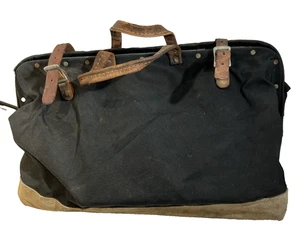 Borsa porta attrezzi 24 in tela con fondo in pelle nera e marrone vintage mestiere tote - Foto 1 di 14