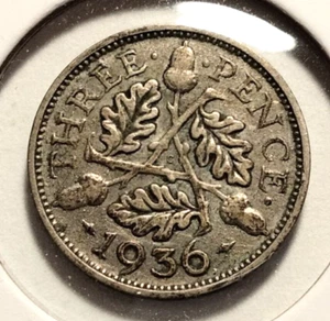 1936  Great Britain  3  Pence Coin - KM#831 -  .500 Silver  (#S1002) - Picture 1 of 4