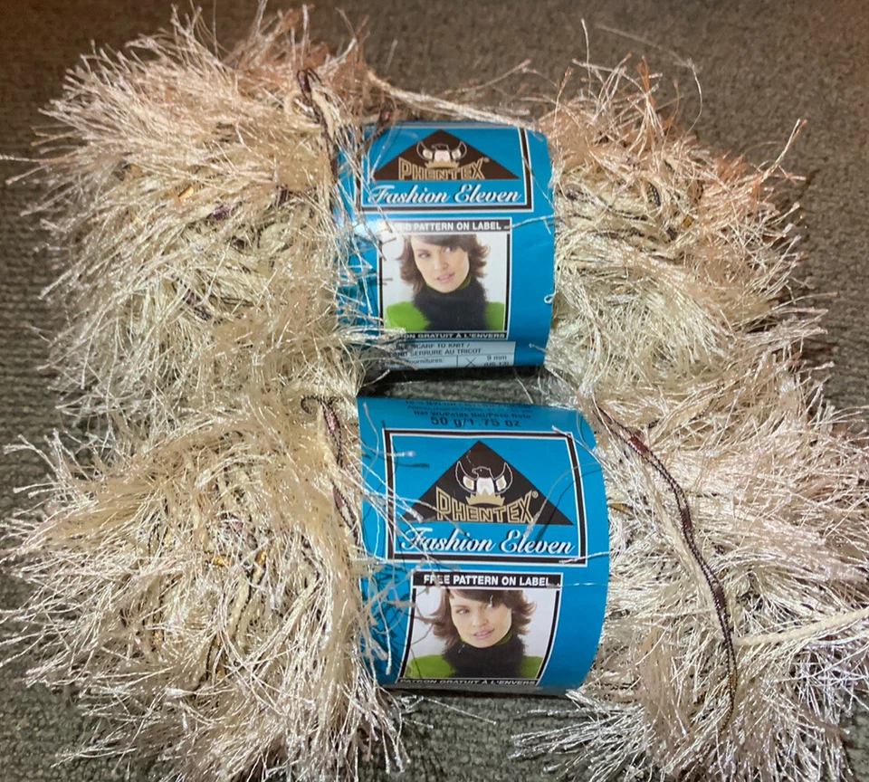 Phentex Fashion Eleven Eyelash Yarn Ecru Tan Black Brown 2 Skeins