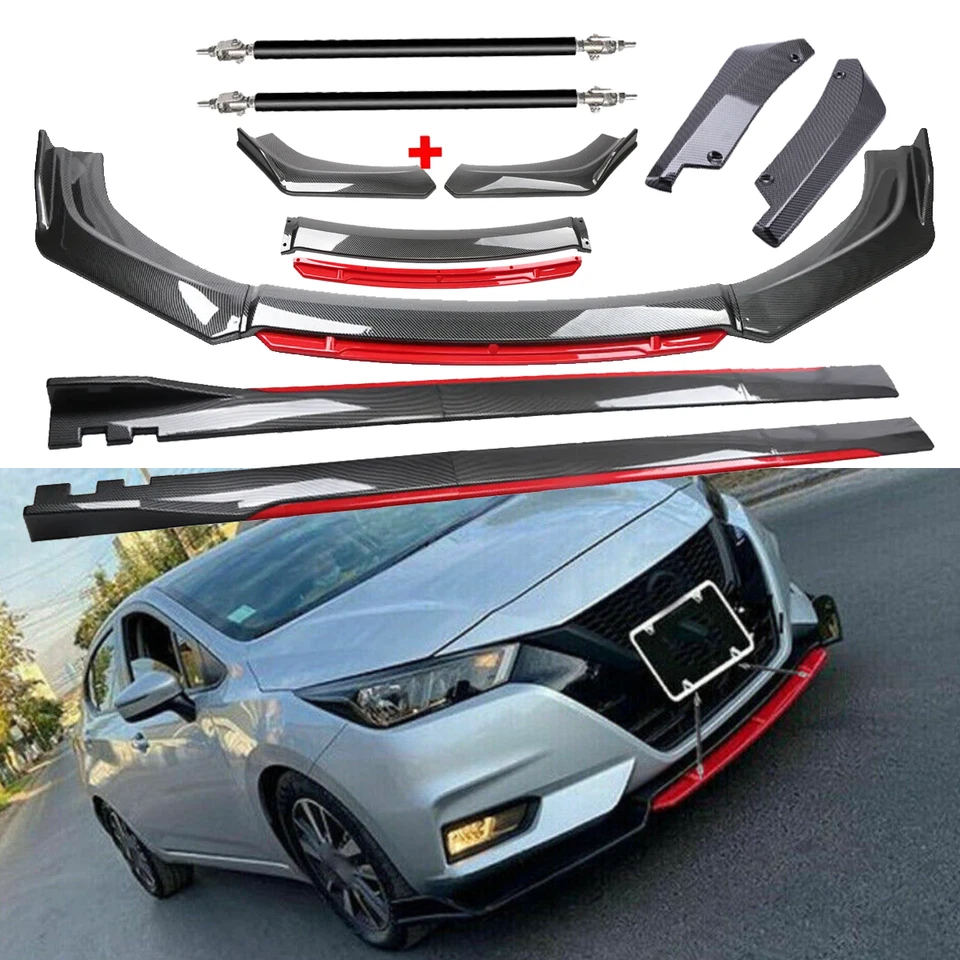 For Nissan Sentra Carbon Fiber Look Red Front Lip Chin Bumper Side Skirt Foto 1 de 4