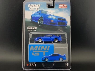Mini GT Nissan Skyline. GT-R (R34) V-Spec Bayside Blue #759 1/64 - Image 1 of 4