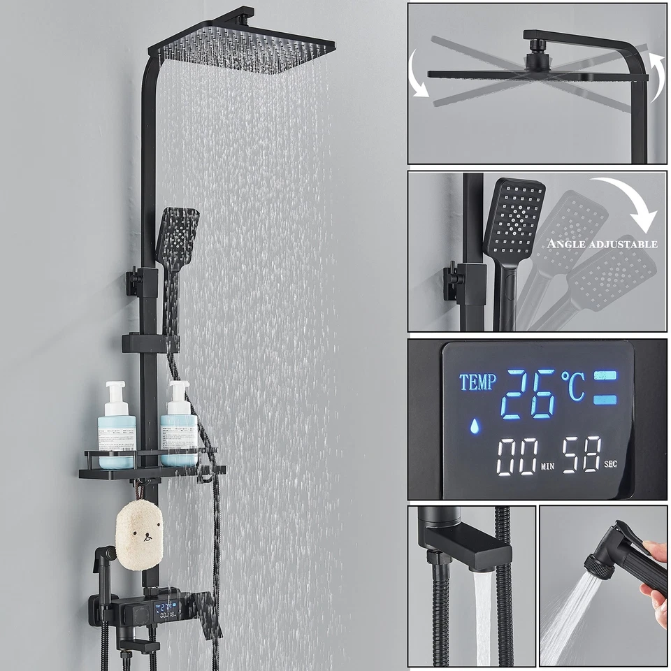 Exposed Shower Taps Mixer Valve Black Bathroom Square Twin Head Bar Shower Set