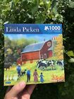 LINDA PICKEN Feeding Time Red Barn Amish Holstein Cows Jigsaw Puzzle 💜sj7m5s