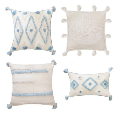 Almohada borla marroquí para funda tejida acolchada azul crema pompón cojín C Foto 1 de 4