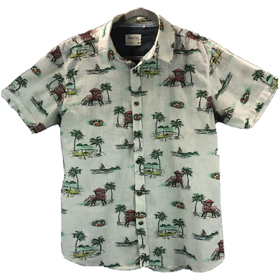 Sovereign Codes Mens Sz M Tropical Beach Lifeguard Tower Print White Blue Shirt - Image 1 of 4
