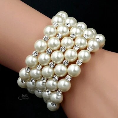 Women Bracelet 5 Rows Bangle Cuff White Glass pearl Clear Crystal Wedding 154 - Image 1 of 4