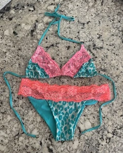 Vintage Beach Bunny Lady Lace Bikini, Turquoise Leopard And Pink - Picture 1 of 5