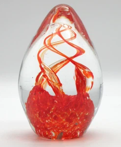 Vtg Art Glass Paperweight 5" Egg Shape Red / Orange Swirls in Clear Glass - Picture 1 of 13
