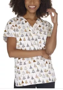 NWT Women's Large Enchanted Forest Christmas Tree Print I Love Scrubs Scrub Top - Picture 1 of 1