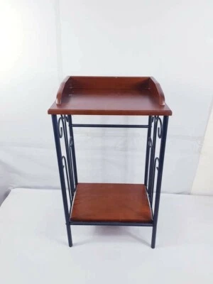 VINTAGE SIDE TABLE / BEDSIDE  / SHELF UNIT. IRON WOOD BROWN  - Image 1 of 4