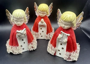 Christmas Angels Figurines Japan Flocked Lace Musicians Blonde Set 3 Vintage MCM - Picture 1 of 18