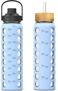 1(One)32oz Glass Water Bottle - 2 Lids - Spout Lid & Bamboo Straw Lid Motivation - Picture 1 of 2