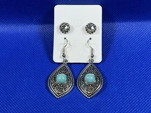 Turquoise Antiqued Silver Dangle Earrings & Cubic Zirconia Stud Earring Set - Picture 1 of 3