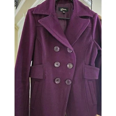 Wool Blend Guess Aubergine Color Pea Coat w Detailed Stitching/ Lapel LG Buttons - Image 1 of 4