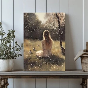 Spring Meadow Canvas Print – Floral Dress Woman, Bunnies, and Cherry Blossoms - Picture 1 of 18