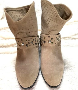 Twiggy London Suede Beige Strappy Studded Rhinestone Slouchy Shaft Boots 6M - Picture 1 of 10