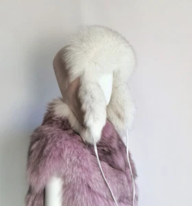 White Fox fur hat with coat fabric Aviator winter hat, Fox Fur Trapper Hat, Natu - Picture 1 of 9