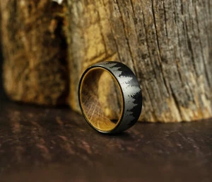 Whiskey Barrel Ring Tungsten Black Forest Tree Wood Inside Wedding Band Ring - Picture 1 of 12