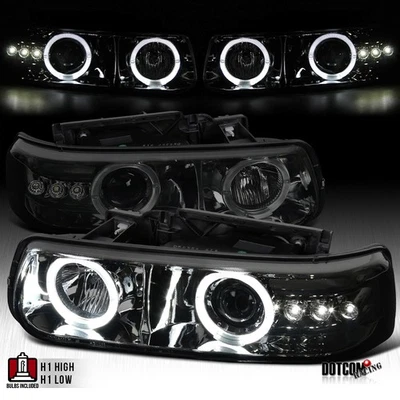 Fit Chevy 1999-2002 Silverado 2000-06 Tahoe Smoke LED Halo Projector Headlights - Imagem 1 de 4