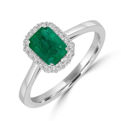 Anillo de halo de diamantes esmeralda natural de oro blanco de 18 quilates co... - Imagen 1 de 4
