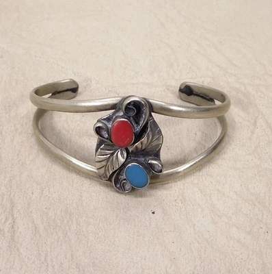 Navajo Sterling Cuff Bracelet Coral & Sleeping Beauty Turquoise - Image 1 of 4