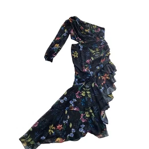 Ieena for Mac Duggal Asymmetrical One Shoulder Floral Ruffle Gown Dress Sz 10 - Picture 1 of 9