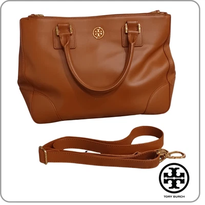 Tory Burch Robinson Double-Zip Tote Luggage Brown Leather Satchel Crossbody Bag - Image 1 of 4