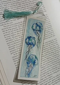 Brush & Bauble Giftable Bookmarks — OOAK Jellyfish Watercolor on Archival Cotton - Photo 1/2