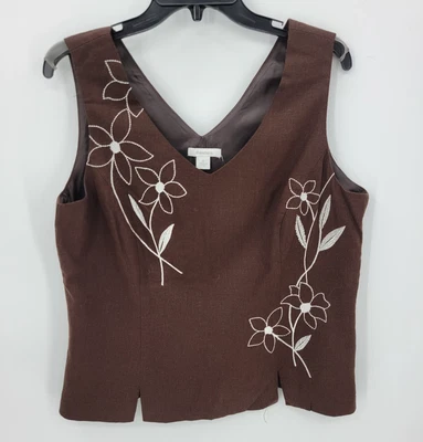 Top Dressbarn para mujer 14 marrón lino bordado floral sin mangas artístico Foto 1 de 4