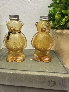 Honey Bear Amber Glass Salt & Pepper Cinnamon Shakers By JC & ROLLIE Vintage 4” - Picture 1 of 7