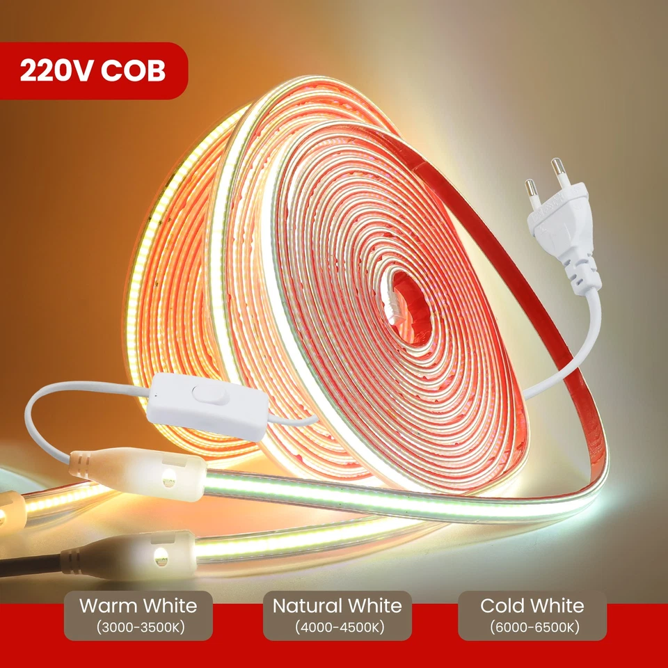230V Neon COB LED Streifen Stripe band Lichtschlauch Wasserdicht Selbstklebend - Bild 1 von 4