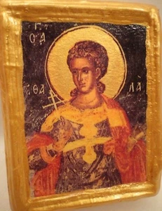 Arte icono griego ortodoxo oriental muy raro de Saint Aithalas en bloque de madera - Imagen 1 de 8