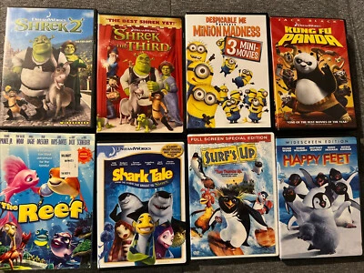 LOT 8x DVD Animated Movies Shrek Despicable Me King Fu Panda Happy Feet Shark - Image 1 of 4