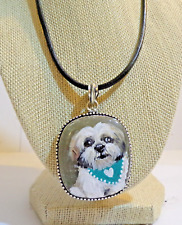 hand painted ShihTzu on silver gemstone pendant necklace 18" genuine leathercord