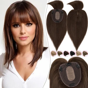 100% Human Hair Topper Clip in Real Remy Hairpiece with Bangs Top Toupee Wiglet - Picture 1 of 28